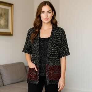 Olive & Oak Open Oversized Patchwork Cardigan Red Black Pocket Academia Boho XS